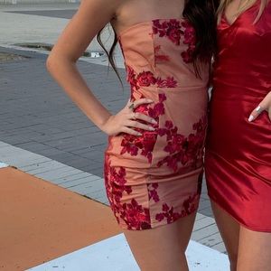 Pink floral strapless mini dress!